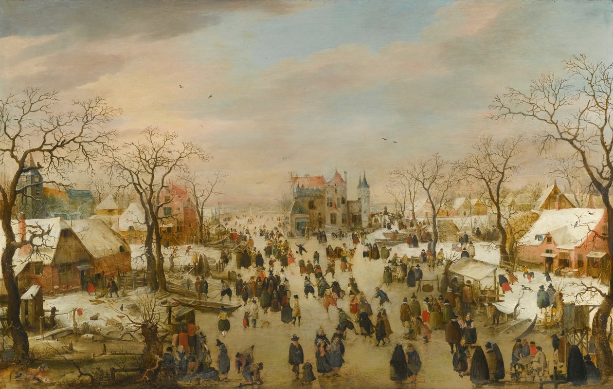 Et panoramisk vinterlandskab med et væld af figurer på en frossen flod af Hendrick Avercamp