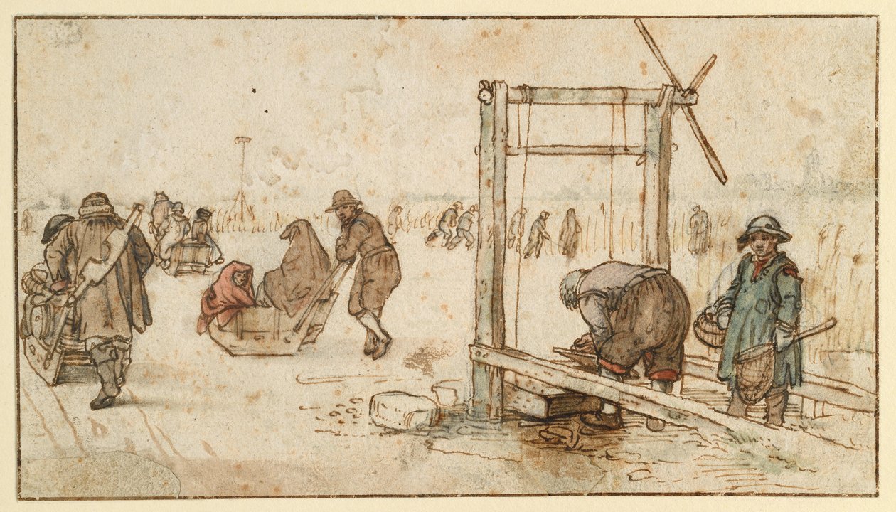 Tre slæder på isen af Hendrick Avercamp