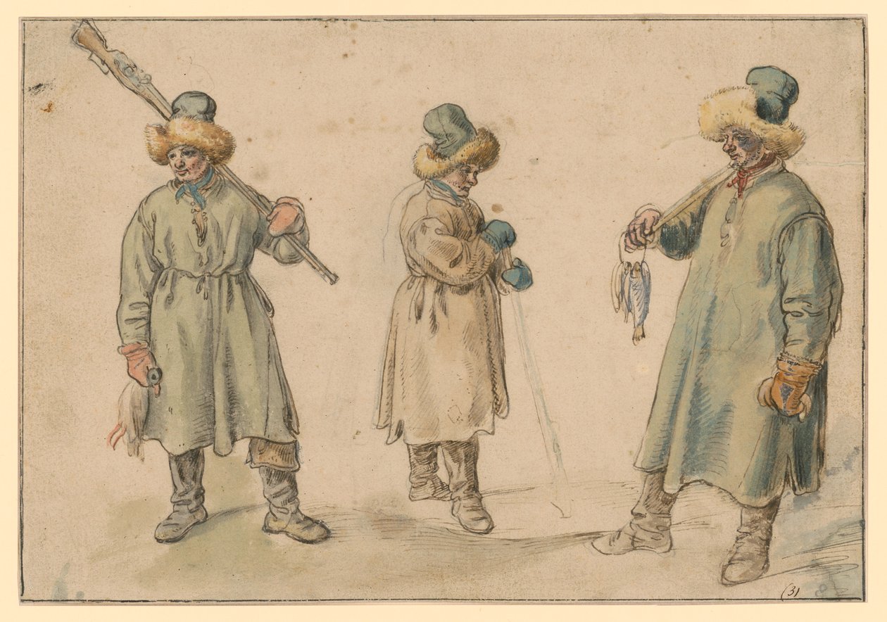 Tre studier af en bonde i vintertøj af Hendrick Avercamp