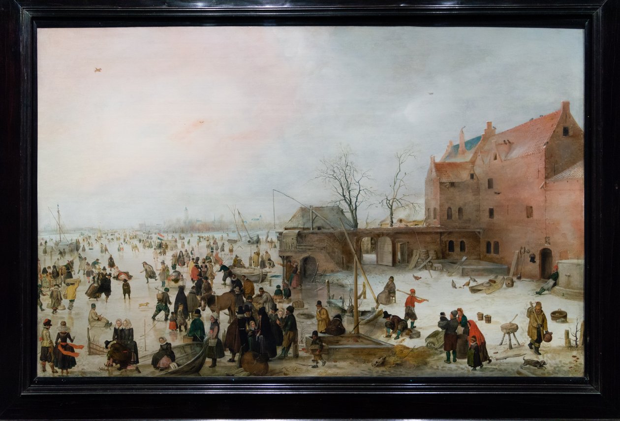 Hollandsk: IJsgezicht bij een brewery En scene på isen nær en by af Hendrick Avercamp