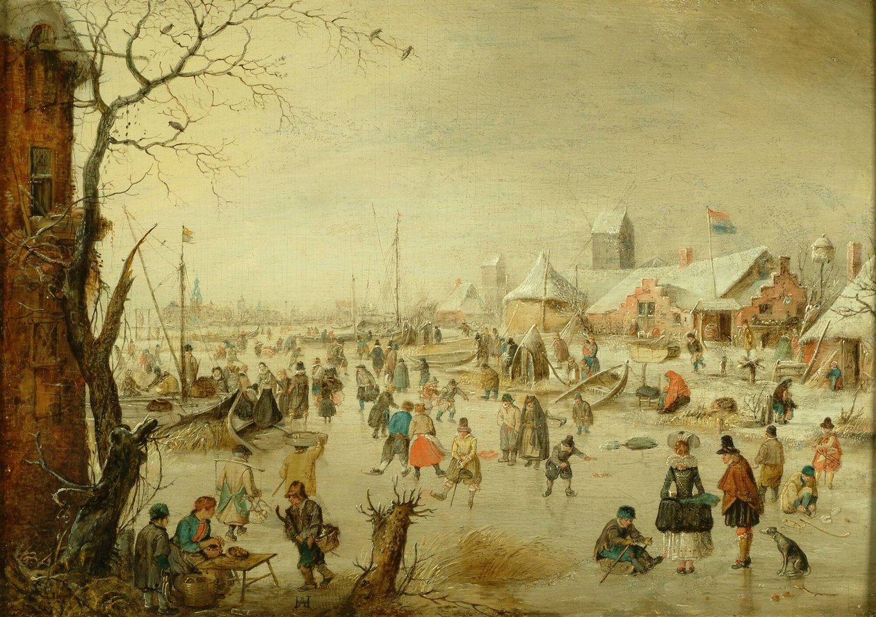 Hollandsk: Vinterlandskab med skøjteløbere En scene på isen af Hendrick Avercamp
