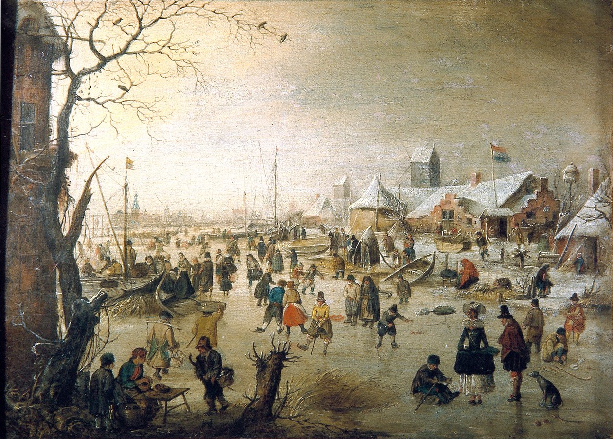 Hollandsk: Vinterlandskab med skøjteløbere En scene på isen af Hendrick Avercamp