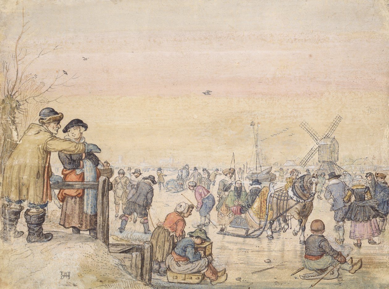 Enjoying the Ice, 1630 (pen og wc på papir) af Hendrick Avercamp