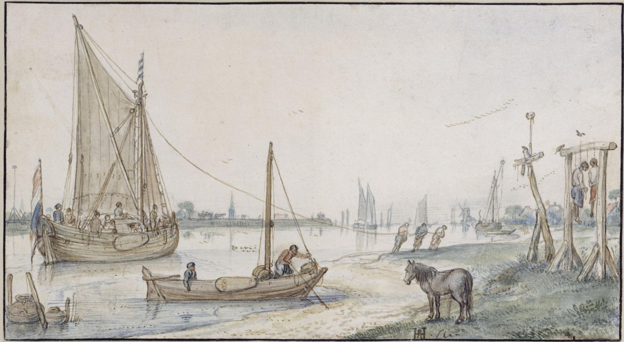 Flodlandskab med et sejlskib, der trækkes på land; forrest til højre en galge med to hængte af Hendrick Avercamp