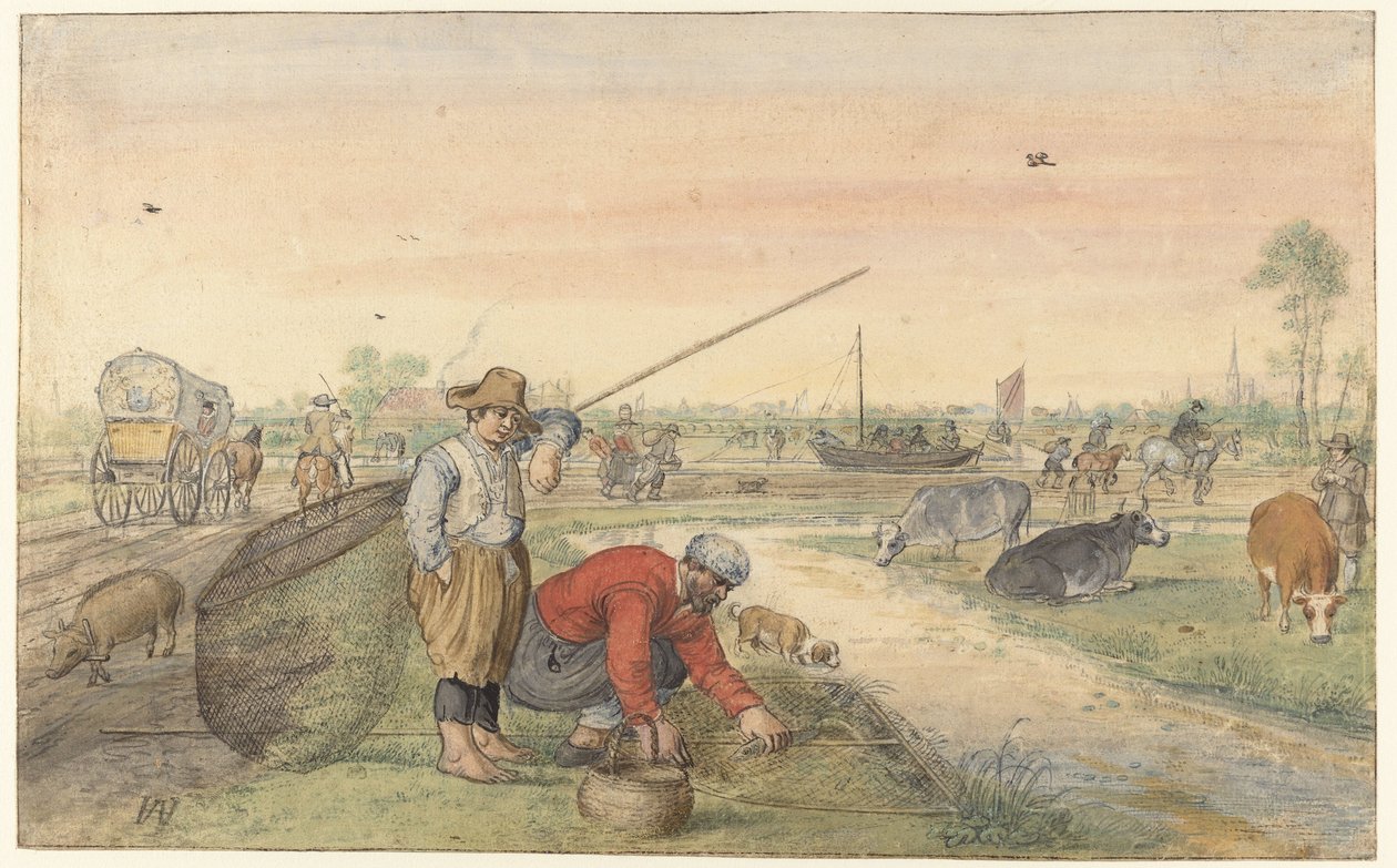 Landskab med to ålefiskere ved en grøft af Hendrick Avercamp