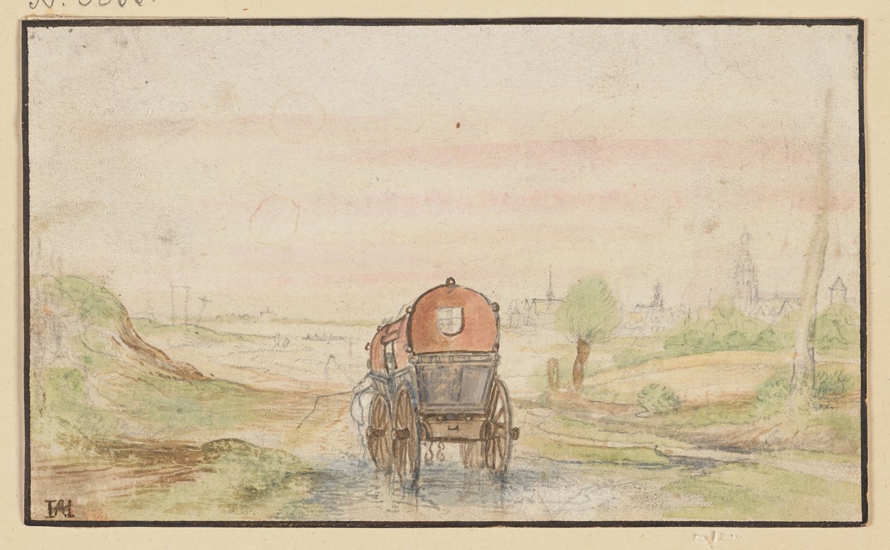 Landevej med en rød karet af Hendrick Avercamp