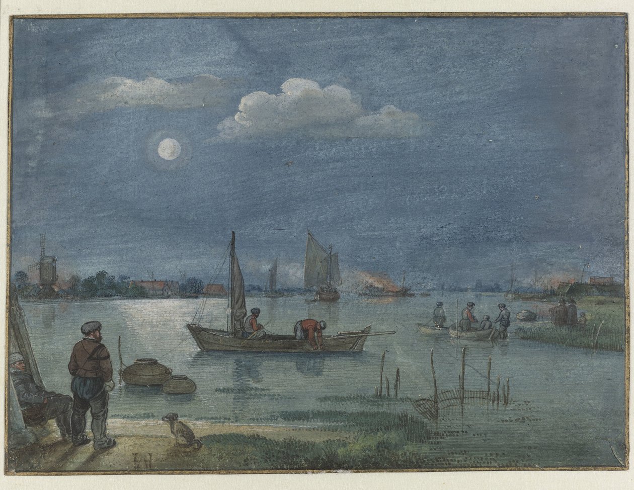 Månebelyst flodlandskab med fiskere af Hendrick Avercamp