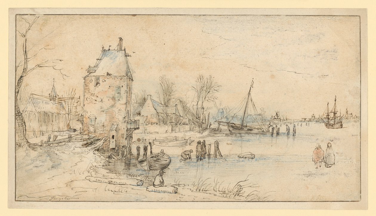 Landsby med vagttårn og kirke ved søbredden af Hendrick Avercamp