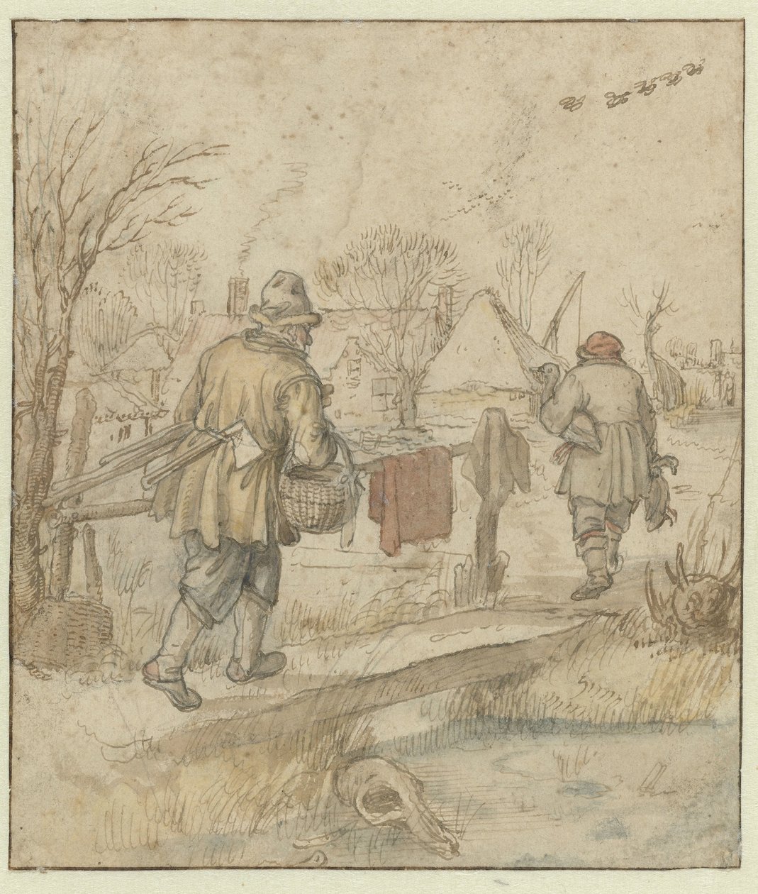 Andejægernes tilbagevenden / verso: Skitser af skibe og af en mand i vintertøj af Hendrick Avercamp