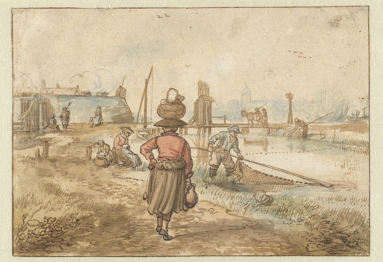 Flodlandskab med en kvinde, der bærer en kurv på hovedet, fiskere og andre figurer nær murene i en by af Hendrick Avercamp