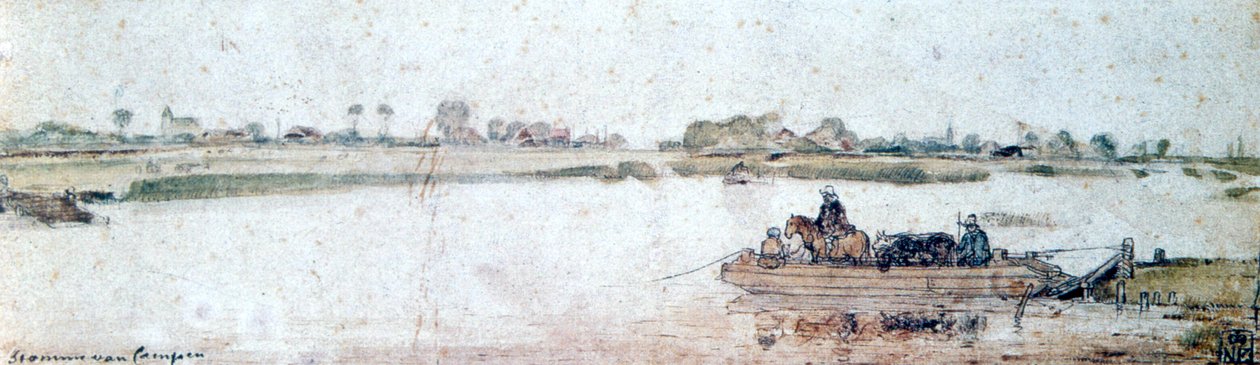 Flodlandskab med rebfærge, begyndelsen af 1600-tallet. af Hendrick Avercamp