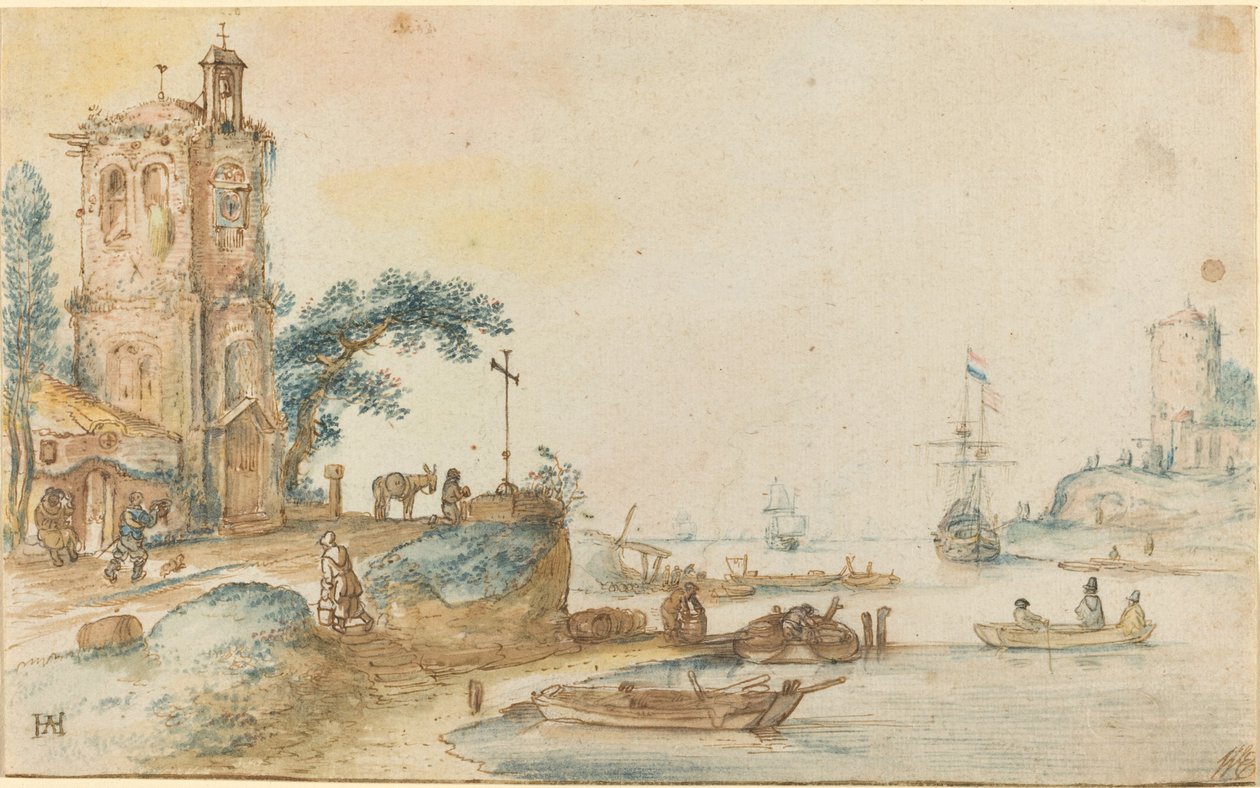 Scene med et tårn til venstre af Hendrick Avercamp
