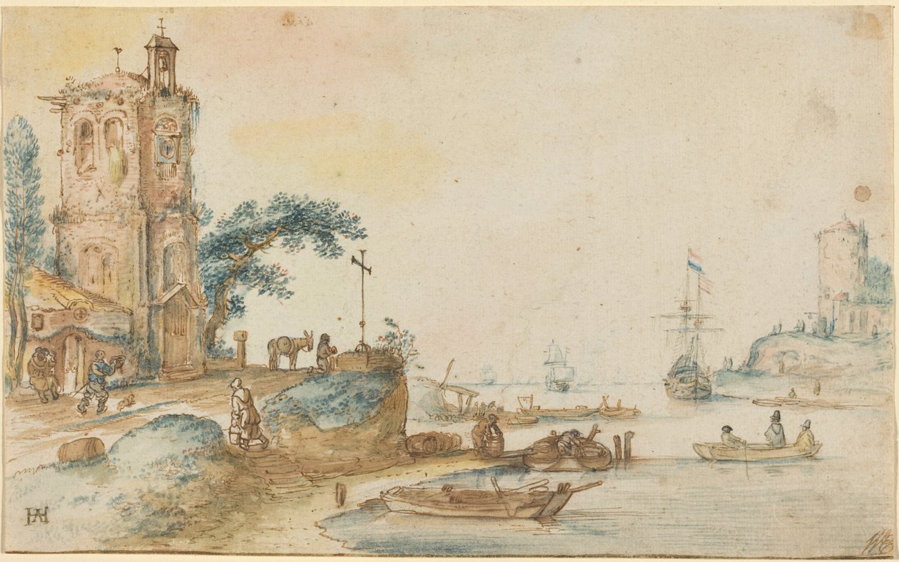 Scene med et tårn til venstre af Hendrick Avercamp