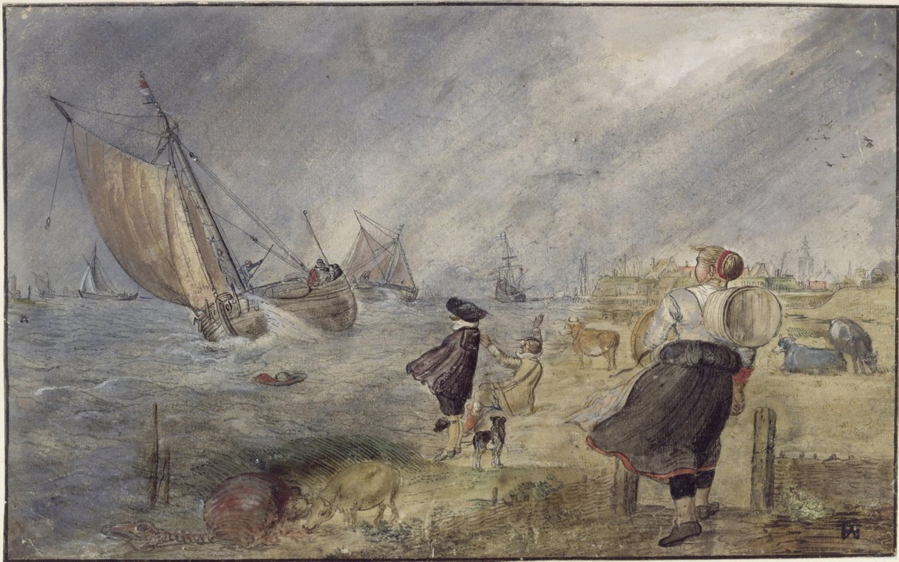 Søbred i storm med figurer af Hendrick Avercamp
