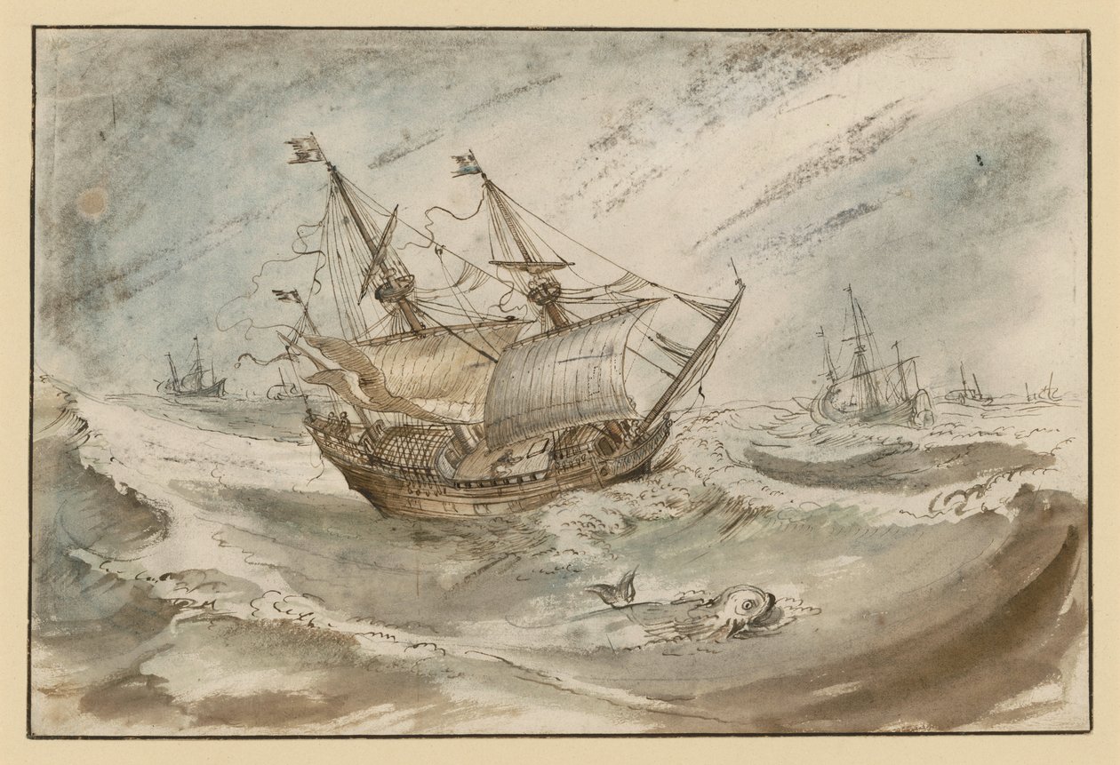 Stormfuldt hav med stort sejlskib af Hendrick Avercamp