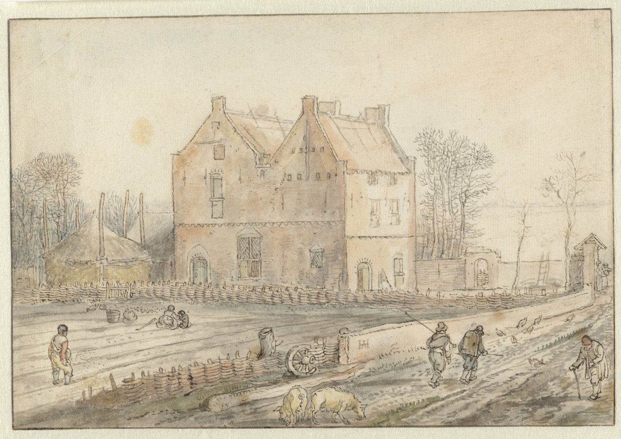 Udsigt over et landsted med såmænd på marken af Hendrick Avercamp