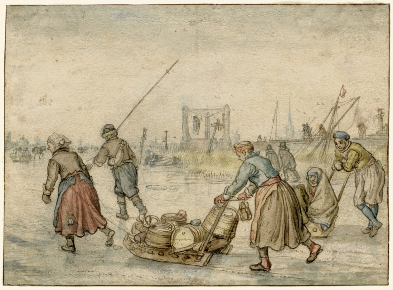Vinterlandskab med to kvinder og en slæde og andre skikkelser på isen, en galge i det fjerne af Hendrick Avercamp