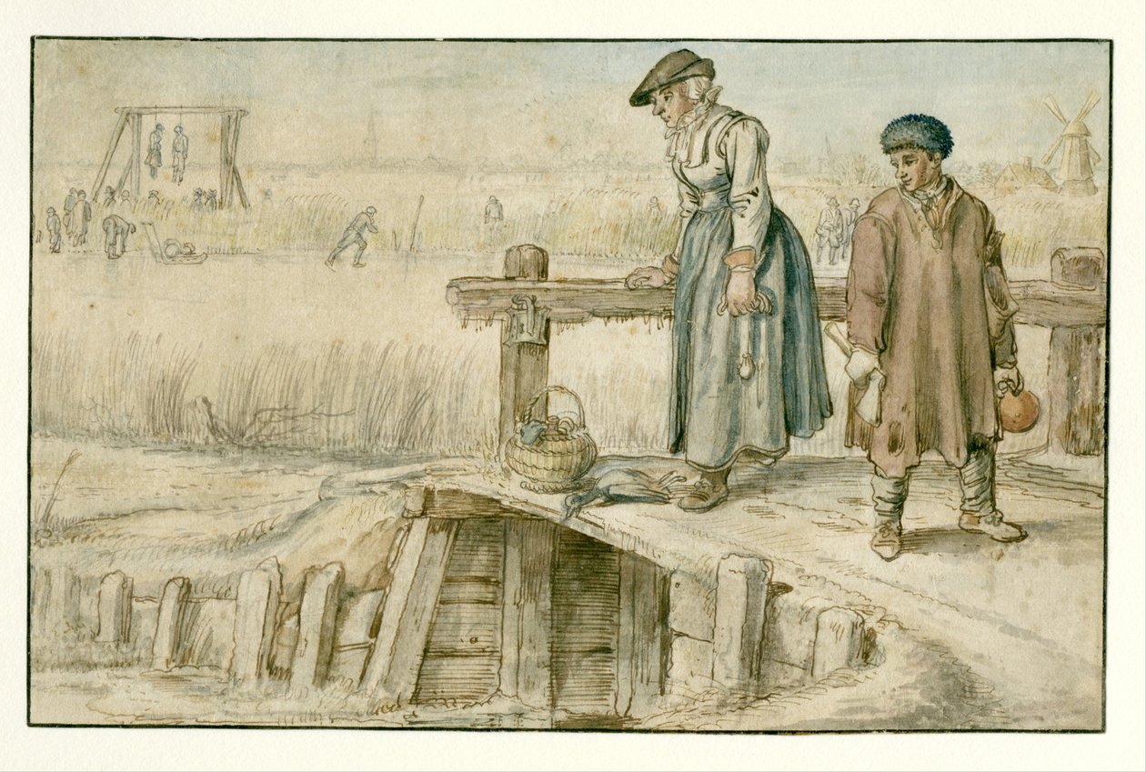 Vinterlandskab med en kvinde og en ungdom på en lille bro, skatere og en galge i det fjerne af Hendrick Avercamp