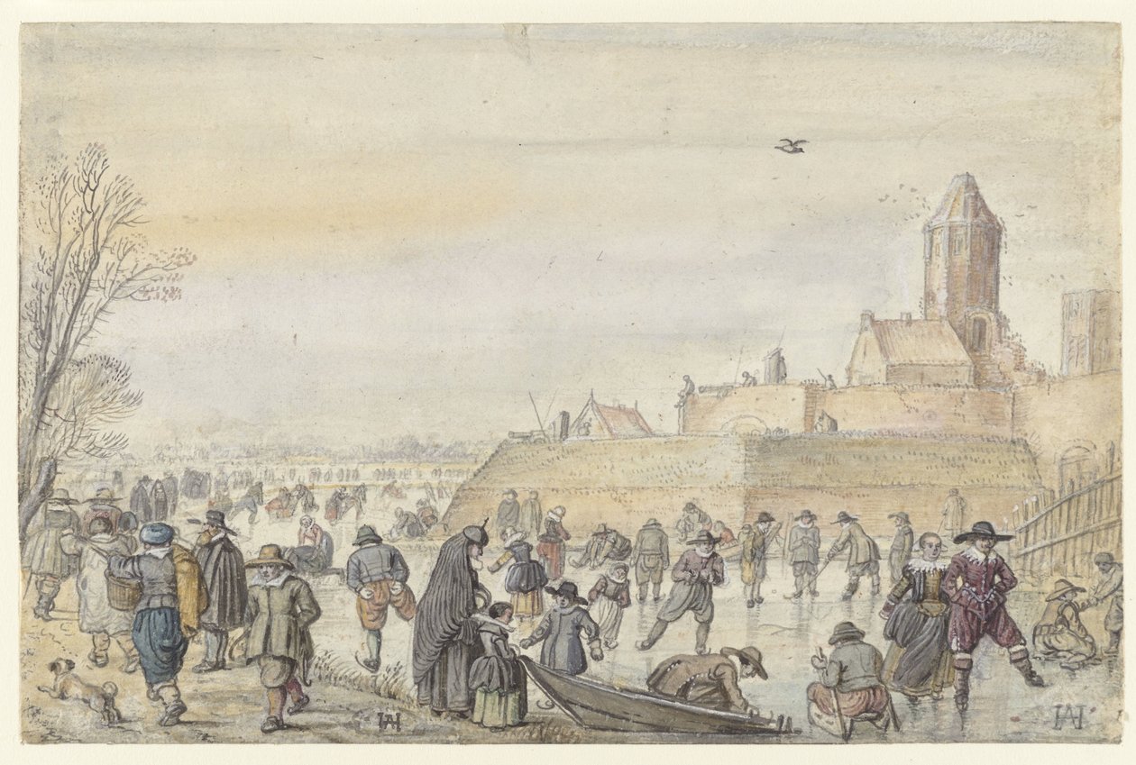 Vinterscene på den frosne kanal nær Kalverhekkenpoort, Kampen / verso: Skitser af figurer på isen af Hendrick Avercamp