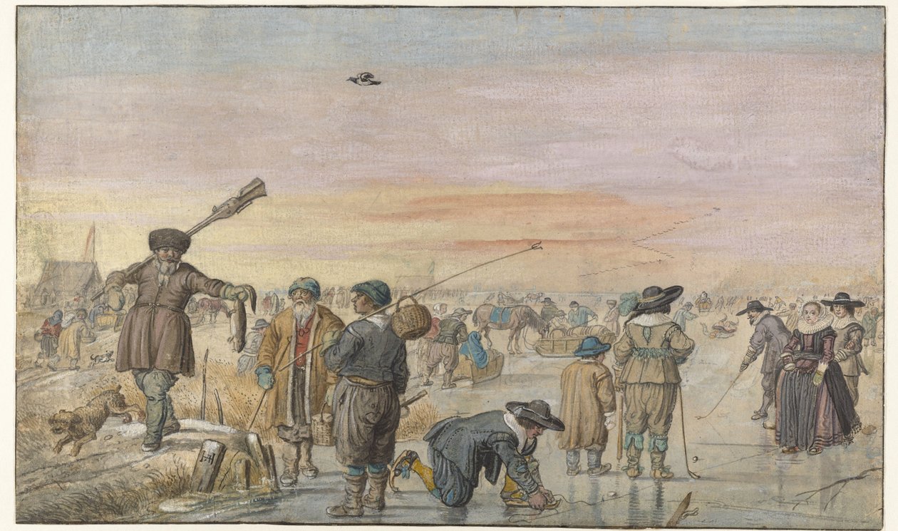 Vinterscene på isen, med en jæger, der viser en odder af Hendrick Avercamp
