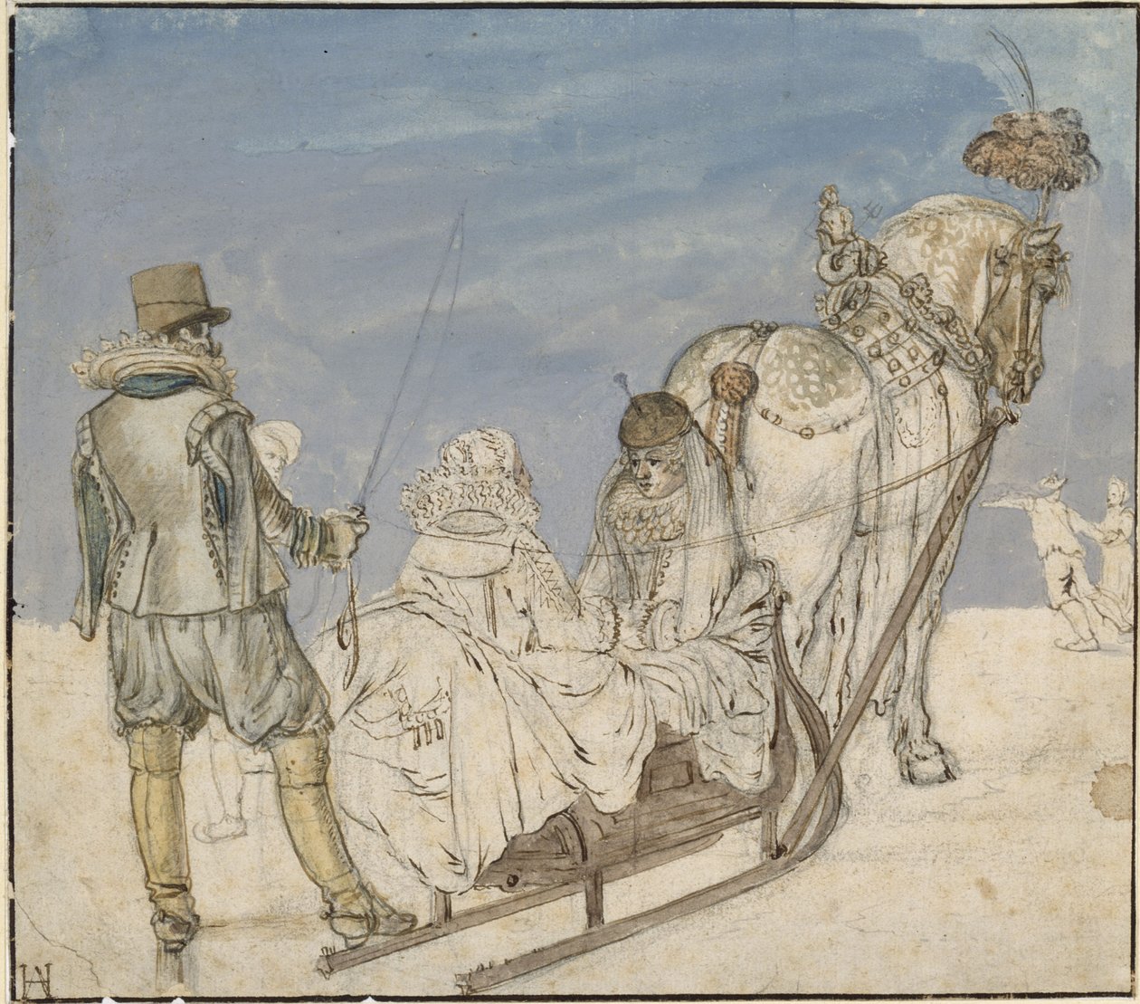 Vinter: slæder på isen med to damer og en herre af Hendrick Avercamp