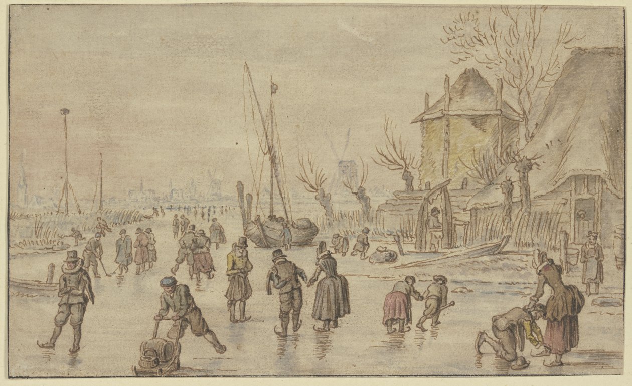 Vinterlandskab, mange skøjteløbere på isen; til højre hjælper en mand en kvinde med at spænde skøjterne fast af Hendrick Avercamp