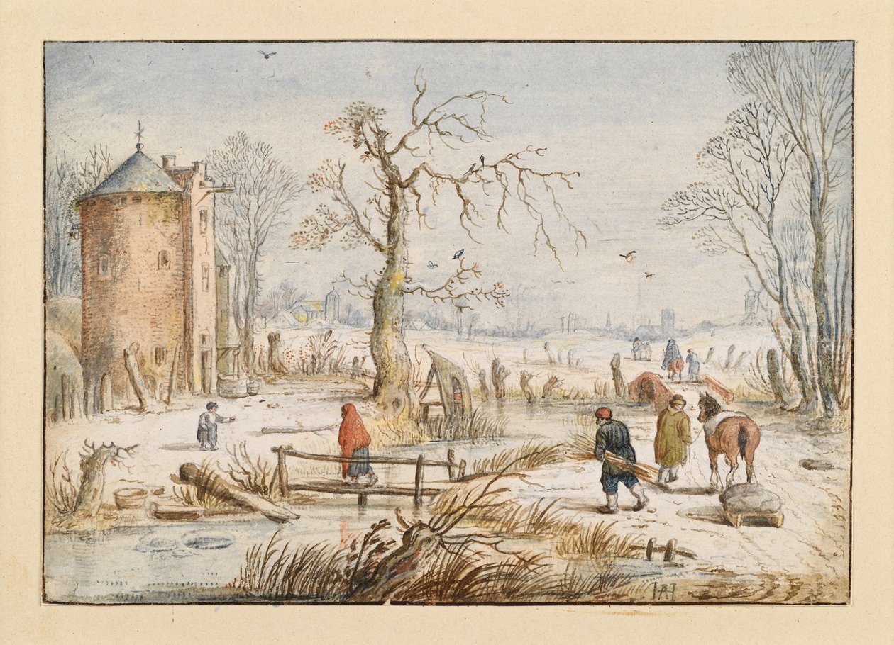 Vinterlandskab med et rundt tårn af Hendrick Avercamp