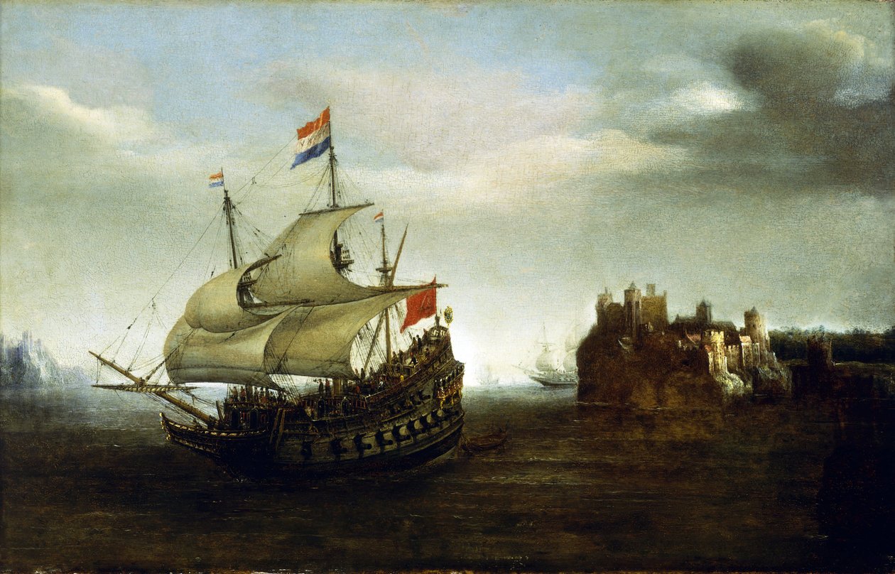 En hollandsk båd sejler i nærheden af et slot ved en klippekyst. Olie på træ af Hendrick Cornelisz Vroom