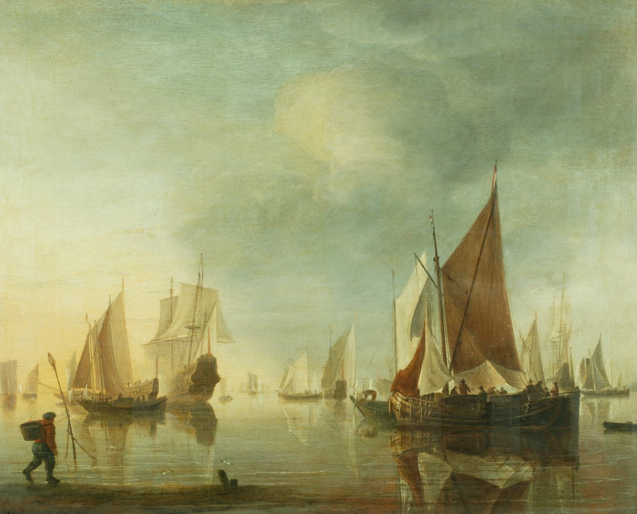 Forsendelse for anker offshore i et roligt hav; aftenlys, ca. 1650-60 (olie på panel) af Hendrick Dubbels