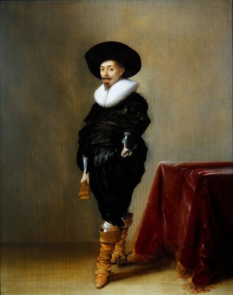 Et portræt af en herre i et sort kostume med en ryg (olie på panel) af Hendrick Gerritsz Pot