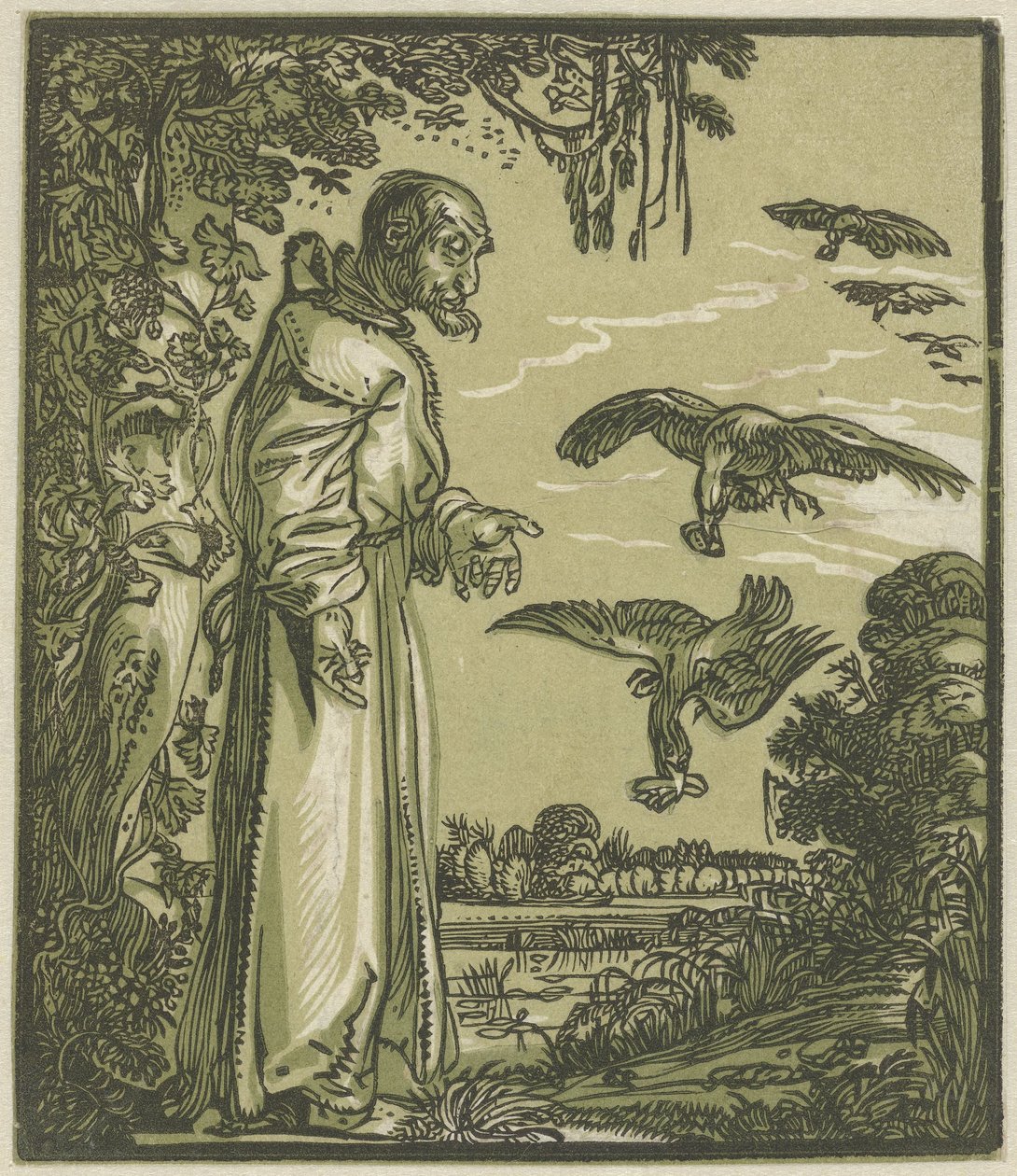 Eremitten Paulus (Elias?) fodres af ravne af Hendrick Goltzius (attributed to)