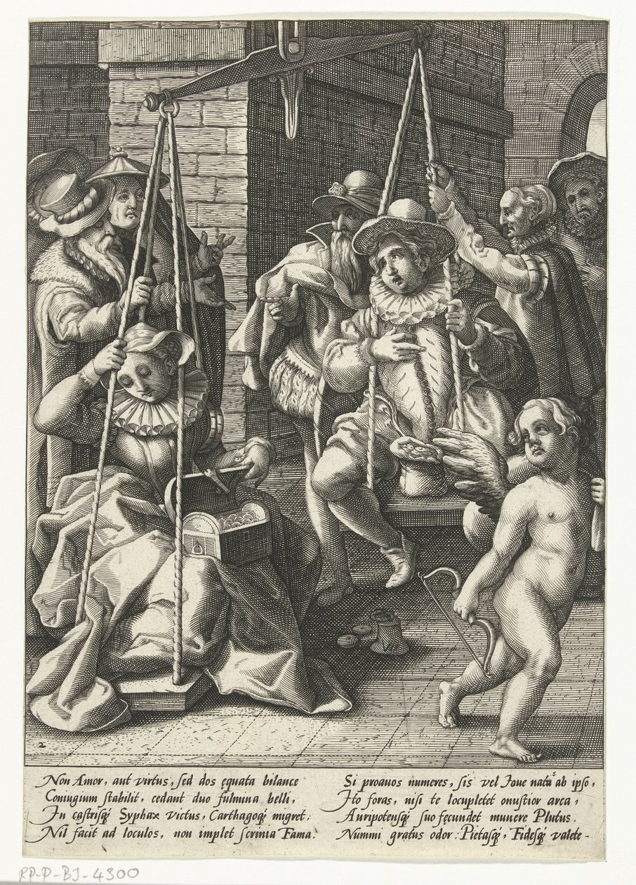 Ægteskabsskalaen Penge er den sande kærlighed Bryllupsskalaen Ordsprog efter Karel van Mander (serietitel) af Hendrick Goltzius (attributed to workshop of)