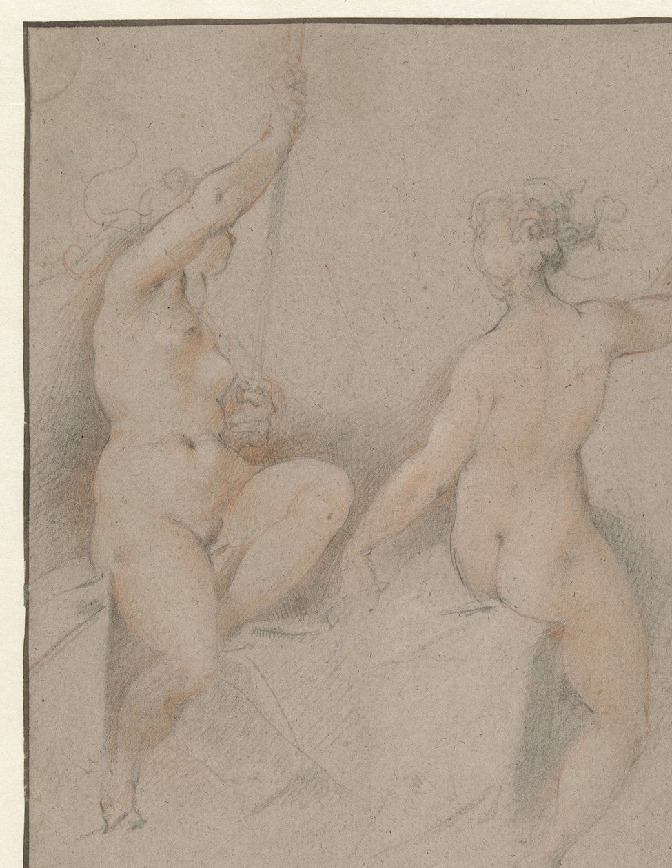 To siddende kvindelige nøgenbilleder af Hendrick Goltzius (follower of)