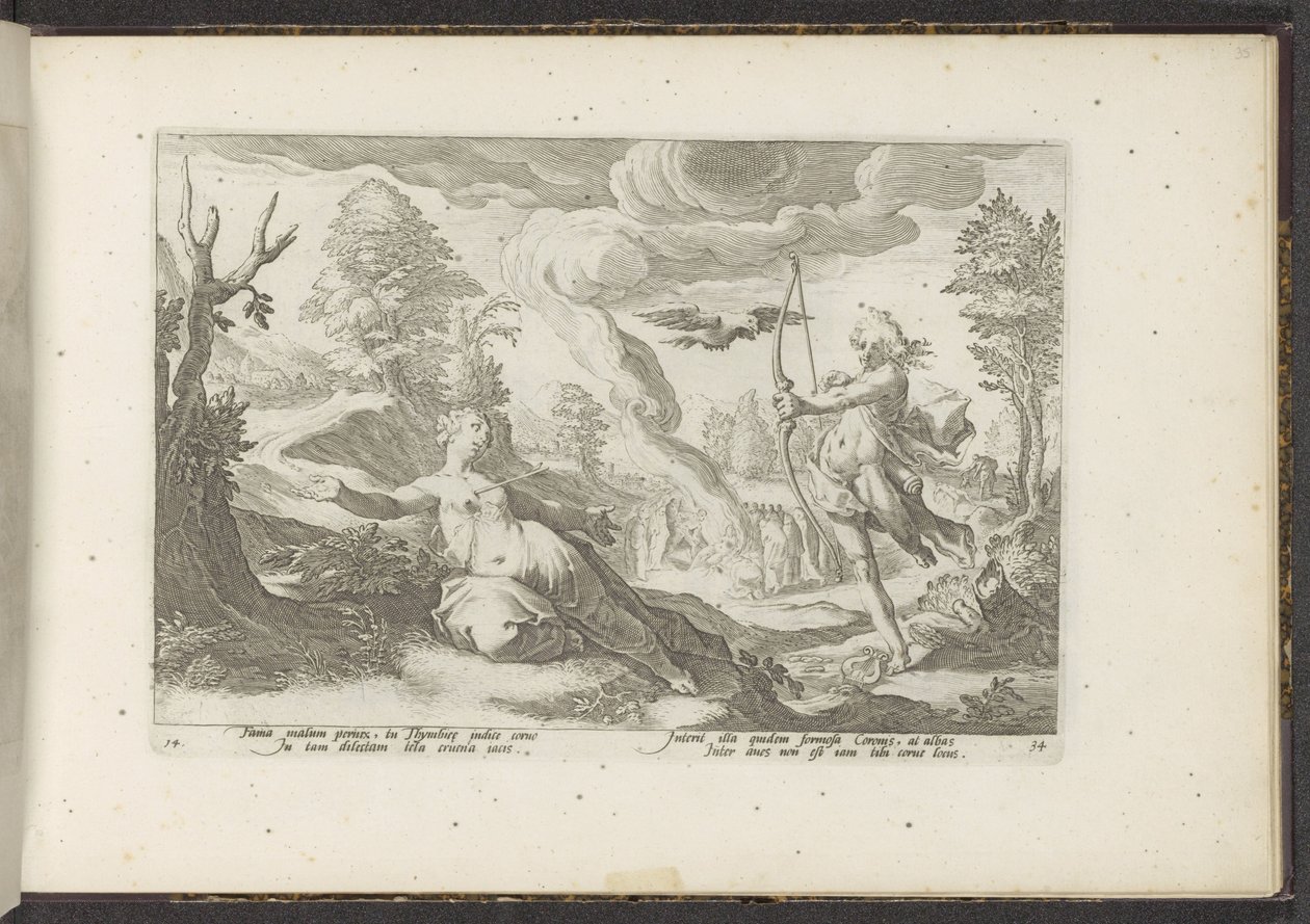 Apollo doodt Coronis Ovids Metamorfosen (serietitel) Herscheppingen van P. Ovidius Naso (serietitel) af Hendrick Goltzius (workshop of)