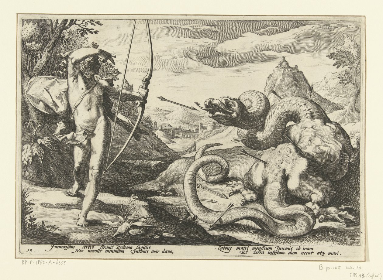 Apollo dræber den gigantiske slange Python Ovids metamorfoser (serietitel) af Hendrick Goltzius (workshop of)