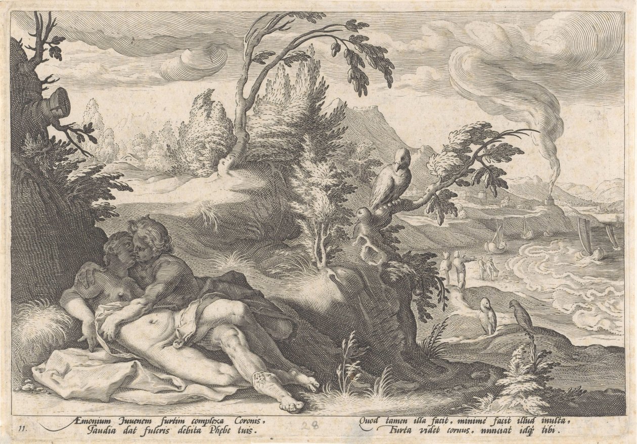 Apollo en Coronis Metamorfosen van Ovidius (serietitel) af Hendrick Goltzius (workshop of)