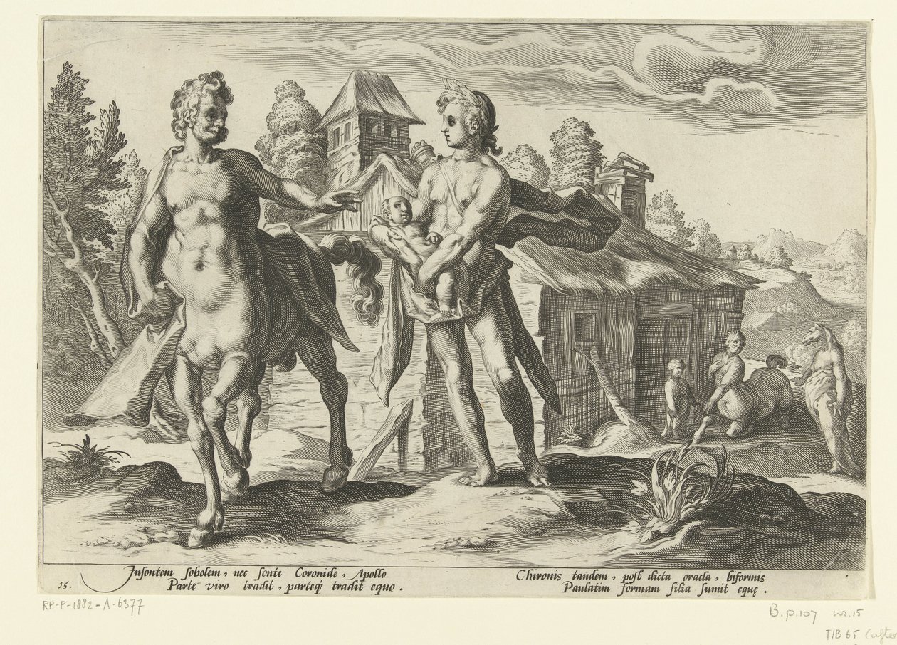 Apollo overlader Asclepius til Chiron Ovids metamorfoser (serietitel) af Hendrick Goltzius (workshop of)