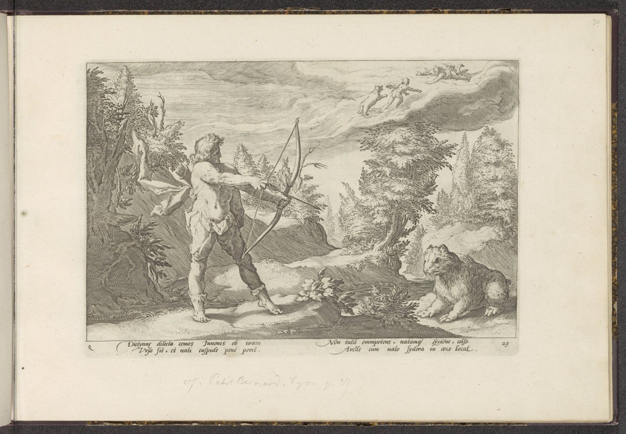 Arcas retter sin pil mod Callisto Ovids metamorfoser (serietitel) Genskabelser af P. Ovidius Naso (serietitel) af Hendrick Goltzius (workshop of)