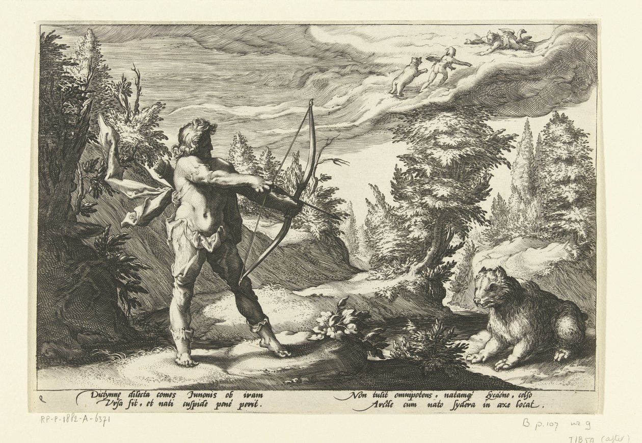 Arcas retter sin pil mod Callisto Ovids metamorfoser (serietitel) af Hendrick Goltzius (workshop of)