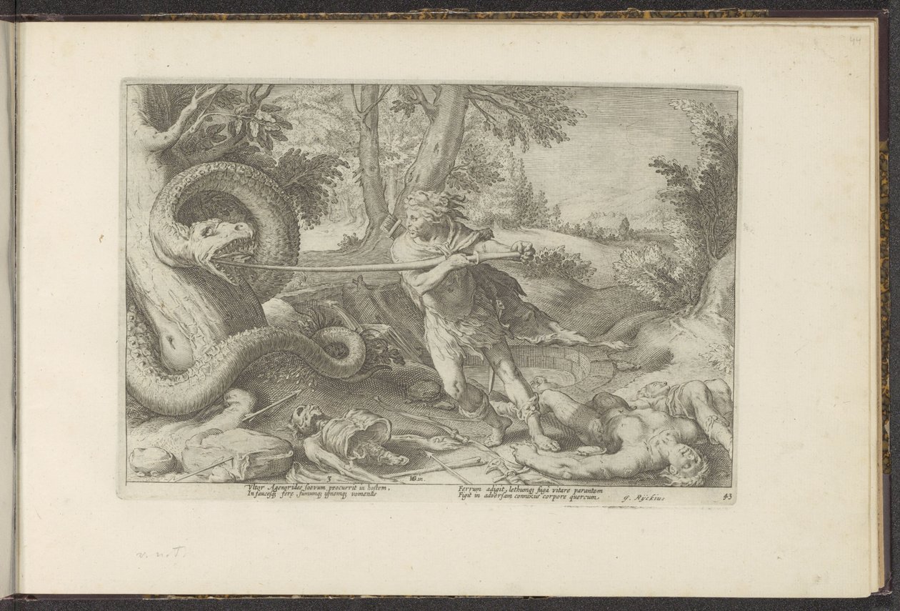 Cadmus dræber dragen Ovids metamorfoser (serietitel) Genskabelser af P. Ovidius Naso (serietitel) af Hendrick Goltzius (workshop of)