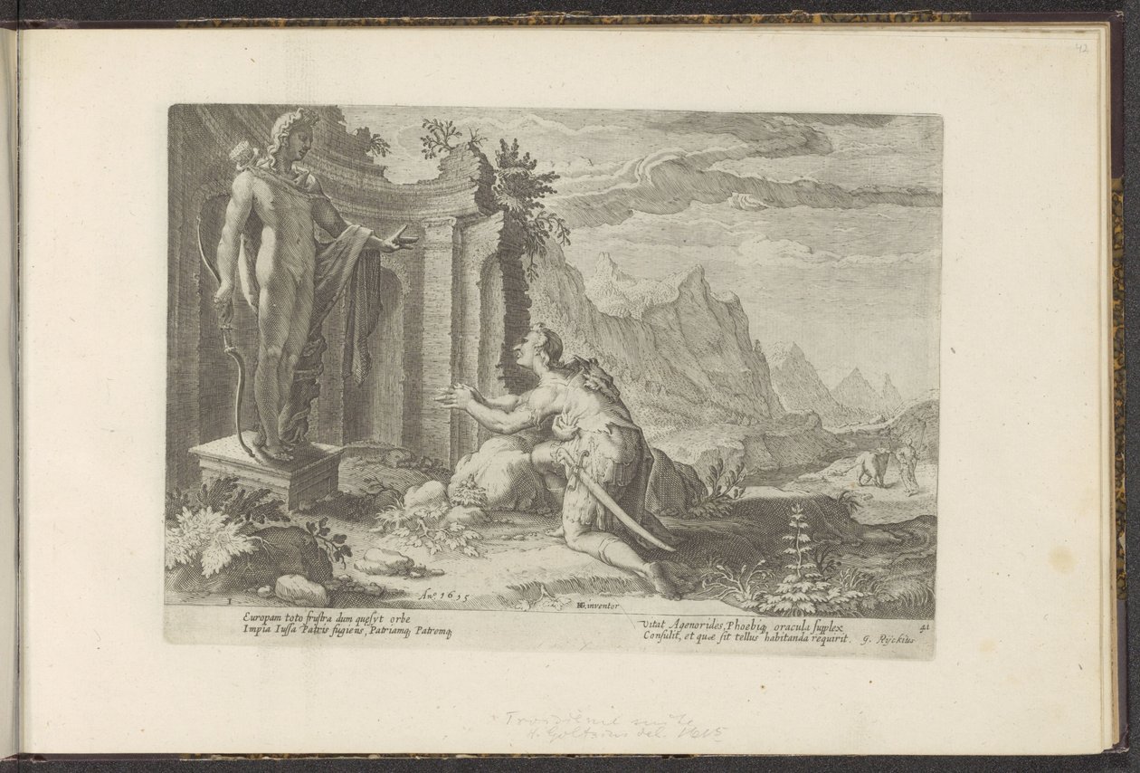 Cadmus spørger oraklet i Delphi, hvad han skal gøre nu, hvor han ikke har været i stand til at finde sin søster Europa Ovids metamorfoser (serietitel) Genskabelser af P. Ovidius Naso (serietitel) af Hendrick Goltzius (workshop of)