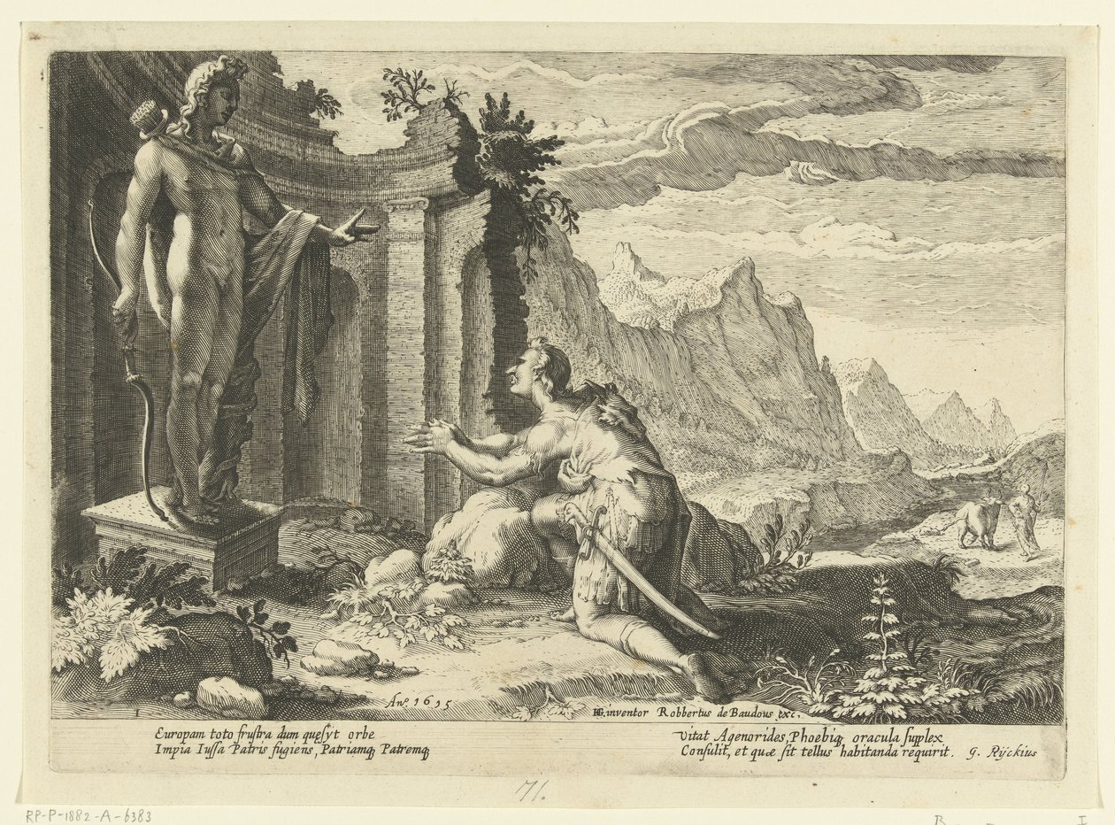Cadmus spørger oraklet i Delphi, hvad han skal gøre nu, hvor han ikke har været i stand til at finde sin søster Europa Ovids metamorfoser (serietitel) af Hendrick Goltzius (workshop of)