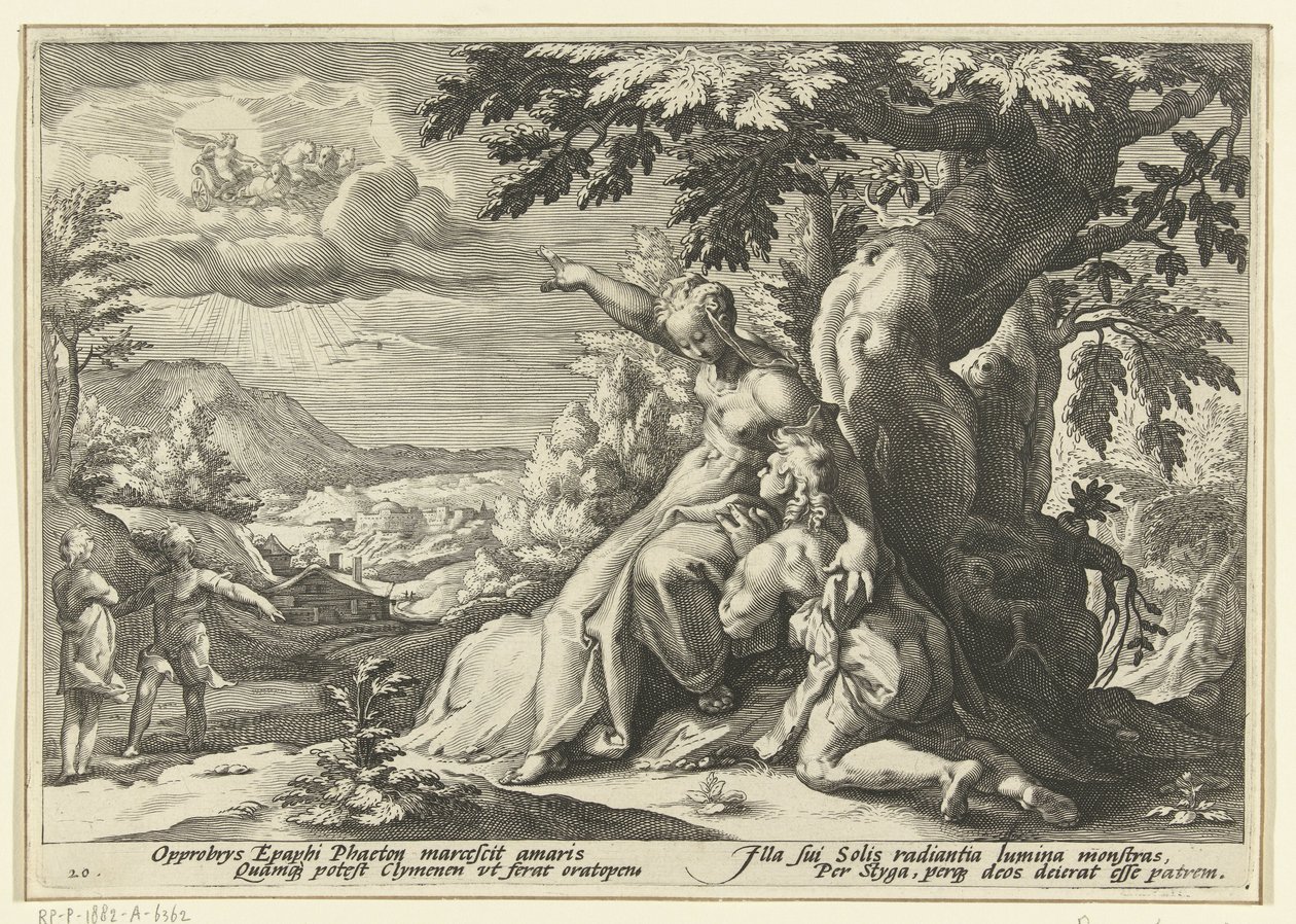 Clymene tildeler Phaethon sin far, solguden Ovids metamorfoser (serietitel) af Hendrick Goltzius (workshop of)