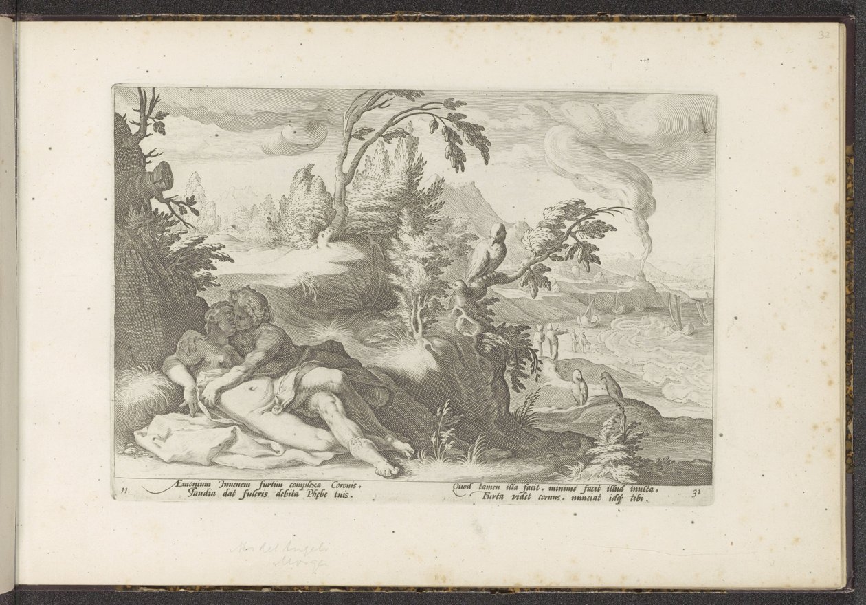 Corvus fanger pigen Coronis Ovids metamorfoser (serietitel) Genskabelser af P. Ovidius Naso (serietitel) af Hendrick Goltzius (workshop of)