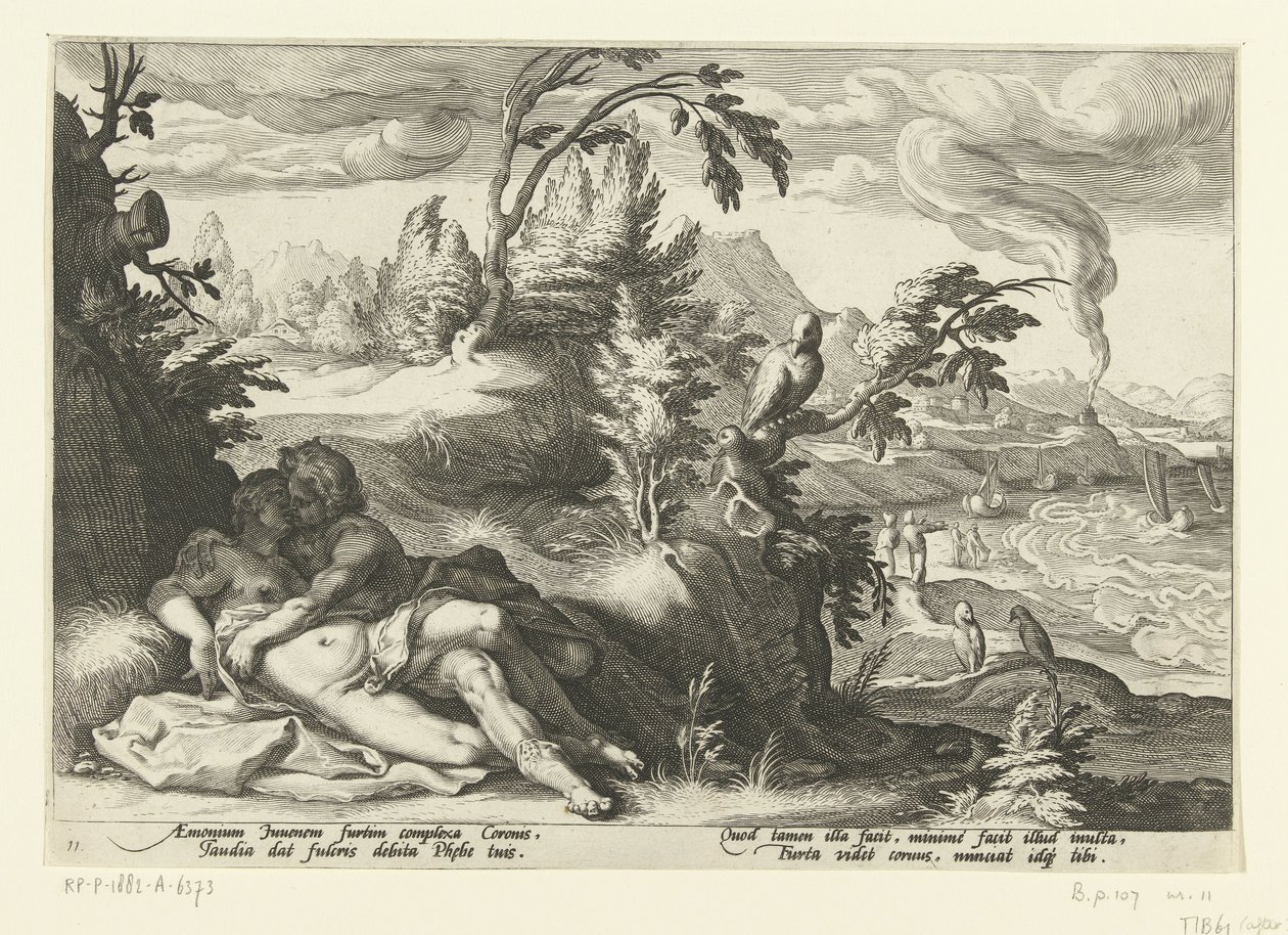 Corvus fanger pigen Coronis Ovids metamorfoser (serietitel) af Hendrick Goltzius (workshop of)