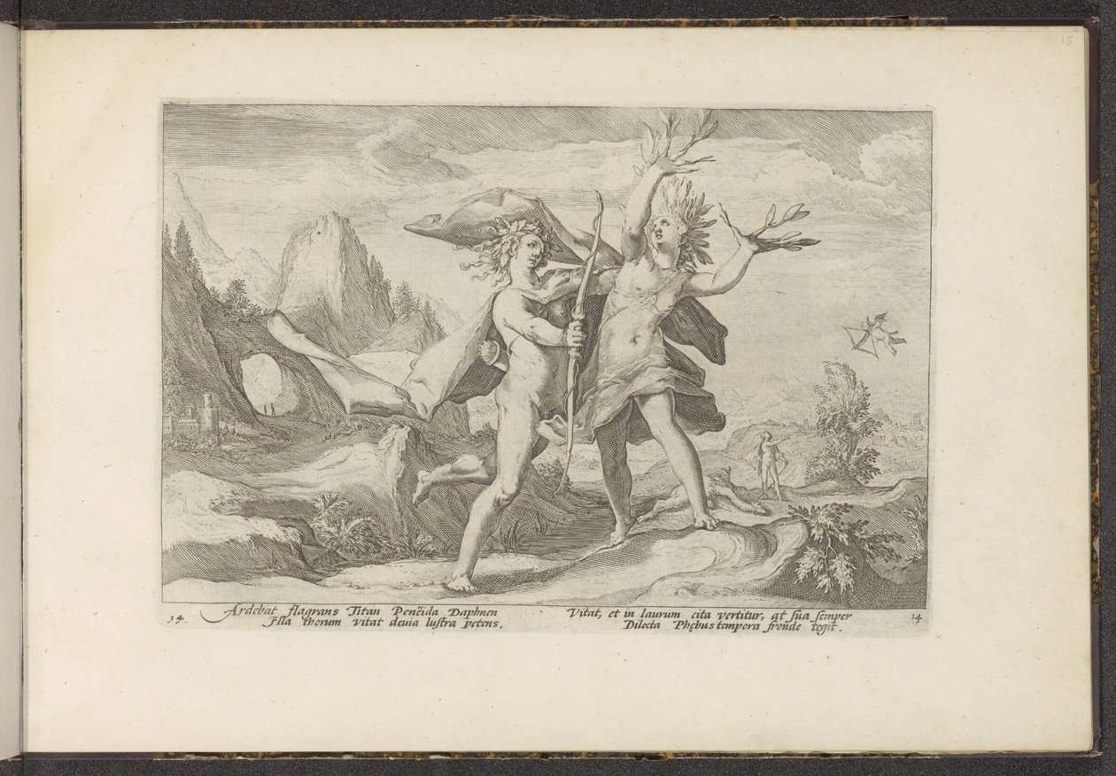 Daphne bliver til et laurbærtræ Ovids metamorfoser (serietitel) Genskabelser af P. Ovidius Naso (serietitel) af Hendrick Goltzius (workshop of)