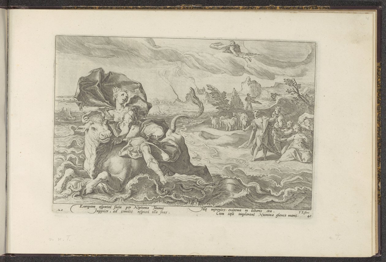 Kidnapningen af ​​Europa Ovids metamorfoser (serietitel) Genskabelser af P. Ovidius Naso (serietitel) af Hendrick Goltzius (workshop of)