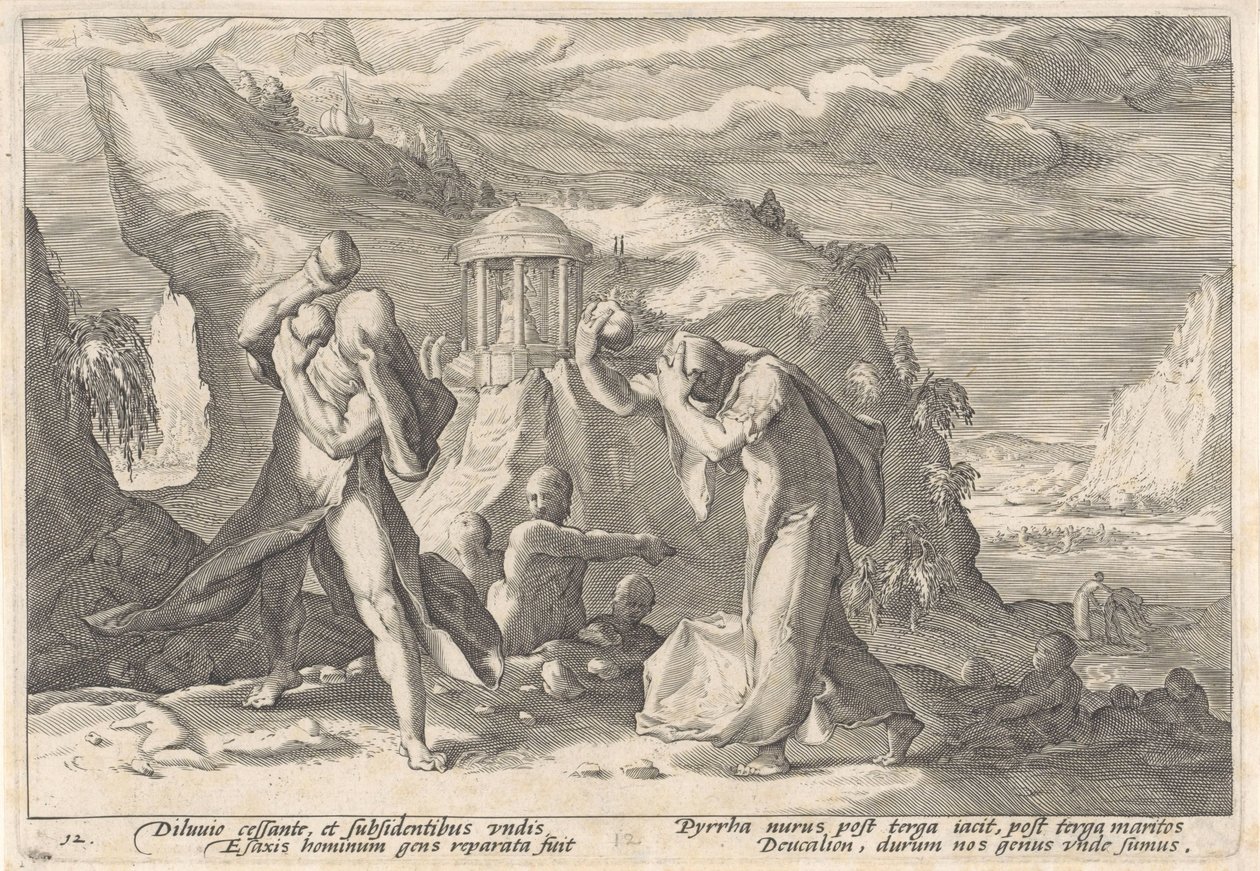 Deucalion og Pyrrha skaber en ny menneskerace Metamorphoses of Ovid (serietitel) af Hendrick Goltzius (workshop of)
