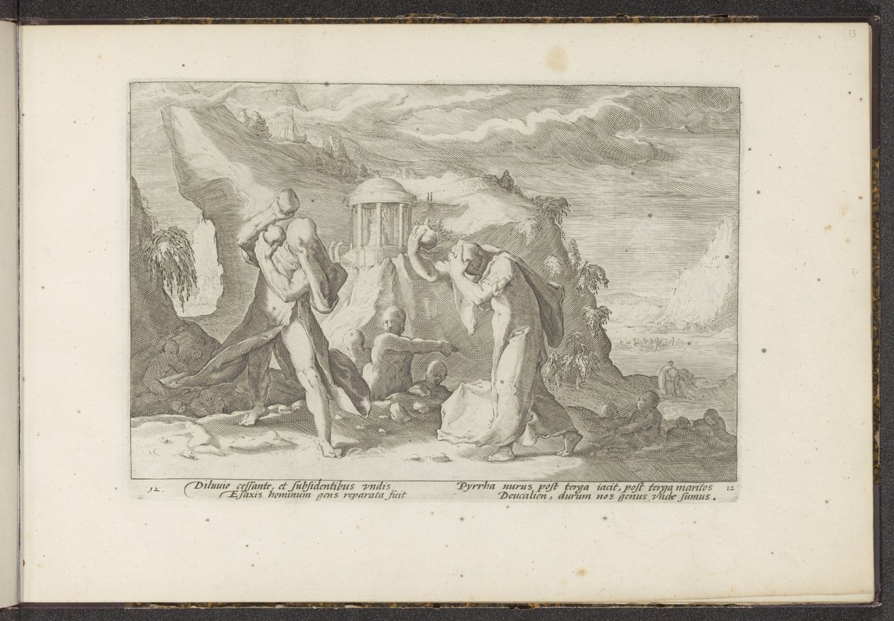 Deucalion og Pyrrha skaber en ny menneskerace Ovids metamorfoser (serietitel) Genskabelser af P. Ovidius Naso (serietitel) af Hendrick Goltzius (workshop of)
