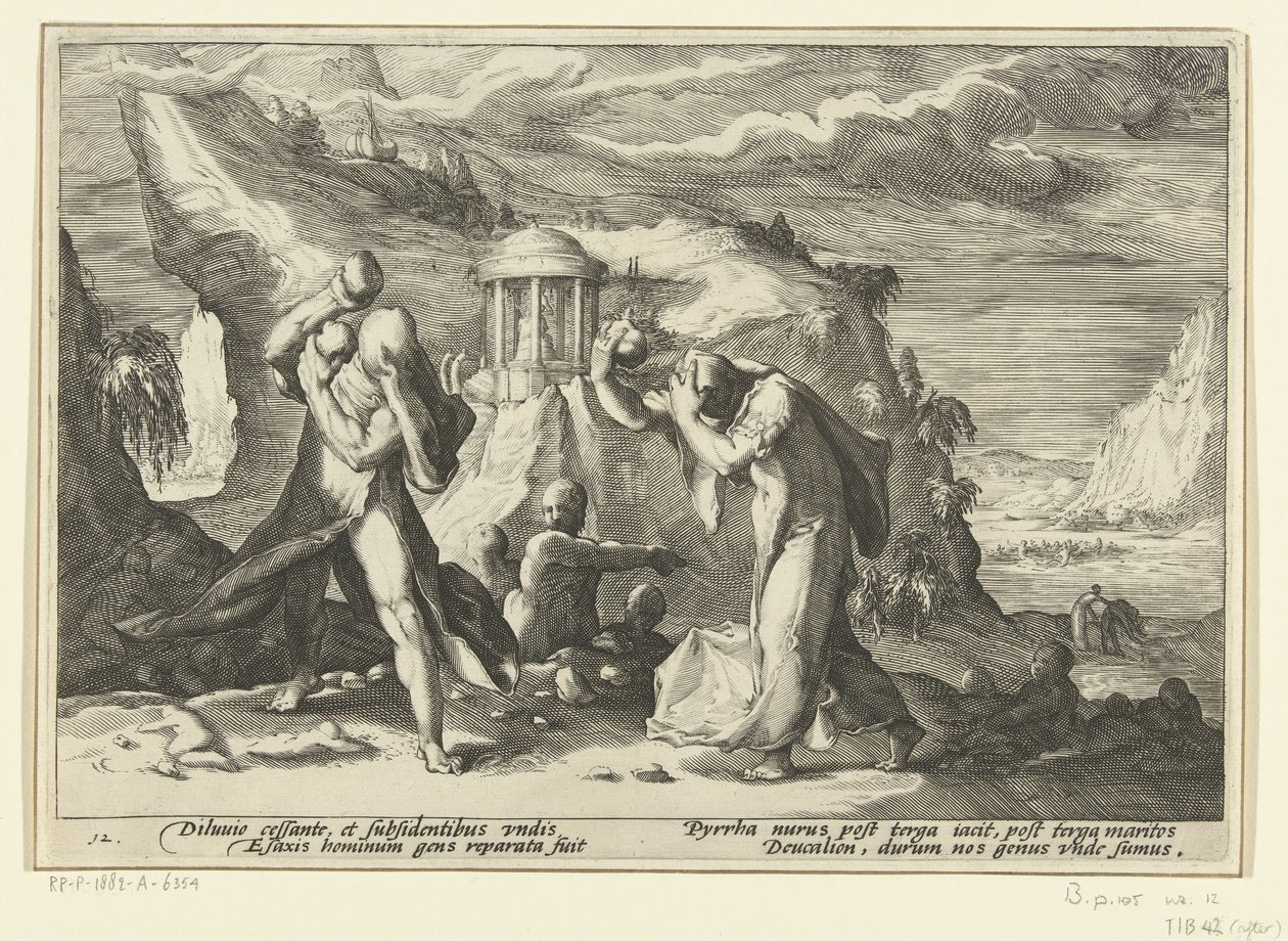 Deucalion og Pyrrha skaber en ny menneskerace Ovids metamorfoser (serietitel) af Hendrick Goltzius (workshop of)